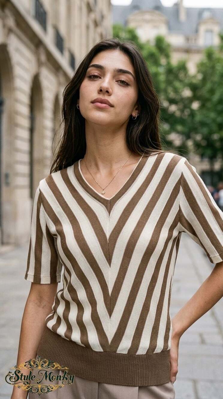 JAGRO strickmoden Brown and Cream Striped V-Neck Knit Short Sleeve Top